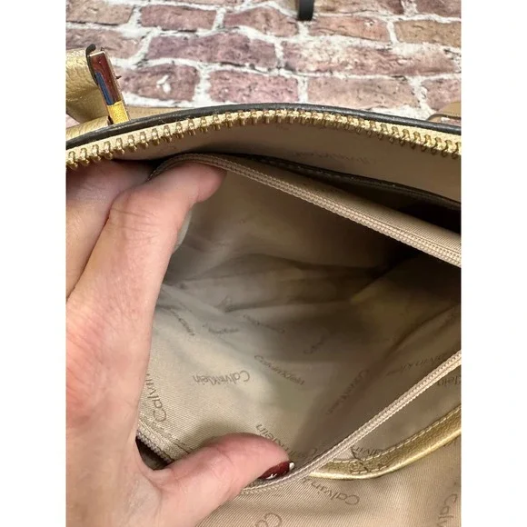 Calvin Klein Gold Metallic Pebbled Leather Satchel Crossbody Bag Convertible - Picture 9 of 16